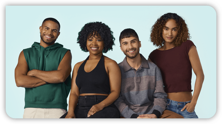 Four individuals together representing participants of PURPOSE 1 & 2 clinical studies. Actor portrayals.